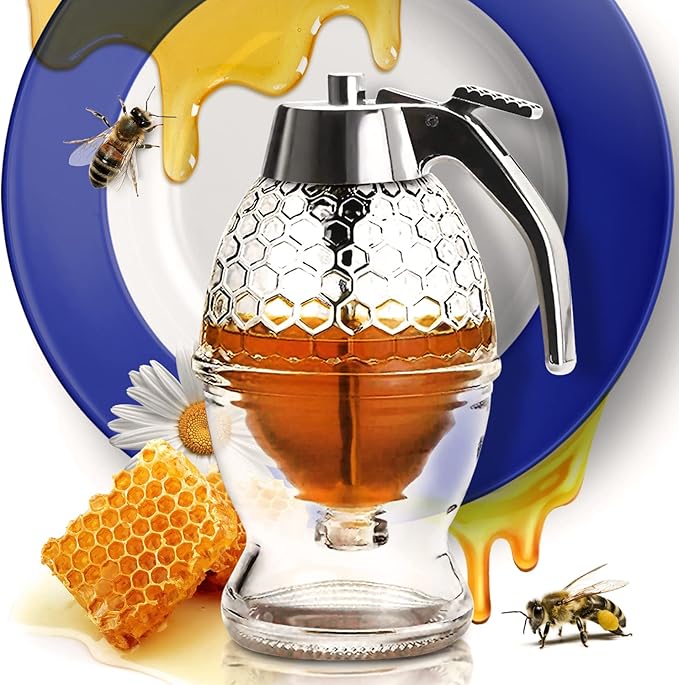 CLEVLI Honey Dispenser – No Drip Glass with Stand – Honey Jar – Clear Glass Honey Container with Dipper 8 Oz – Maple Syrup Dispenser – Honey Pot with Stand – Honey Bottle with Flip Top Lid