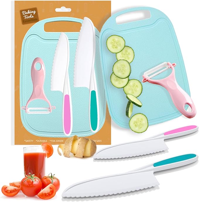 4 Pieces Kids Knife Set for Real Cooking, Toddler Knife Set with Ceramic Peeler for Kitchen, Kids Cutting Board and Safe Plastic Knives for Cutting Cakes, Fruit, Veggies & Bread