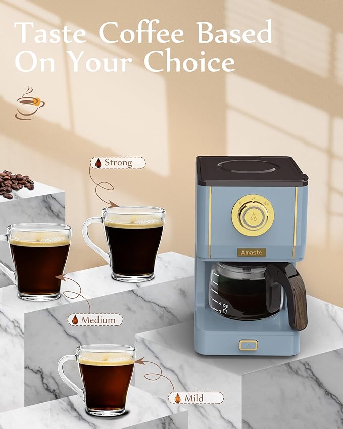 Amaste Coffee Maker, 5 Cup Coffee Pot with Three Brewing Modes, Retro Coffee Maker with Glass Carafe & Reusable Coffee Filter, Drip Coffee Maker Ideal for Home or Office, Warming Plate, Ash Blue