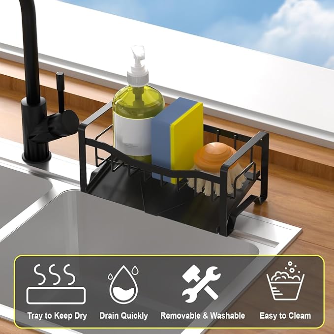 Maifan Stainless Steel Kitchen Sink Caddy Organizer with Auto Drain Tray, Sponge Holder for Countertop Storage
