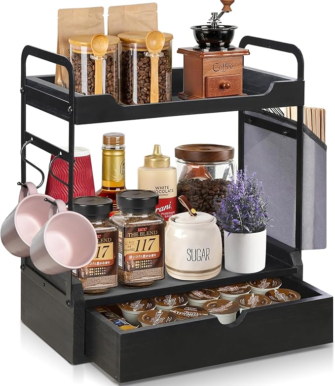 Coffee Bar Accessories and Organizer, 2-Tier Coffee Station Organizer, Wood Kitchen Countertop Organizer with Bag and Hooks, Coffee Pod Holder for Coffee Bar Decor, Syrup Snack Organizer