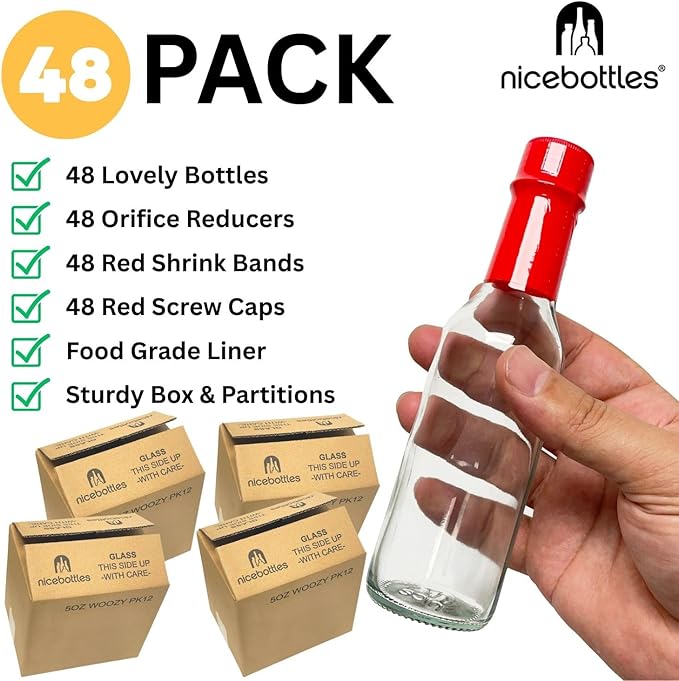 nicebottles Hot Sauce Bottles with Red Caps & Shrink Bands, 5 Oz - 48 Pack