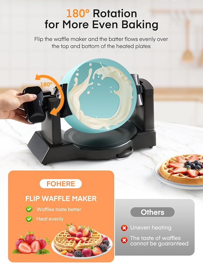 Waffle Maker, 1400W Double Belgian Waffle Iron 180° Flip, 8 Slices in 3 Mins, Rotating & Nonstick Plates, Anti-Scald, Removable Drip Tray Easy to Clean, Cool Touch Handle, Space-Saving (Mint Blue)