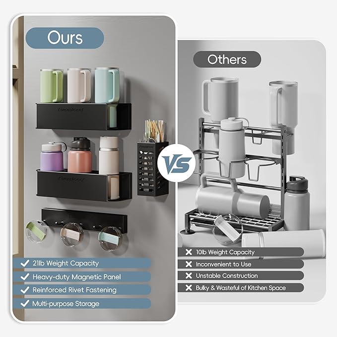 Magnetic Cup Holder for Fridge for 20/30/40 oz Stanley Tumblers Water Bottle Storage Holders & Lid Hook Organizers (3 Cups, 5 Hooks)