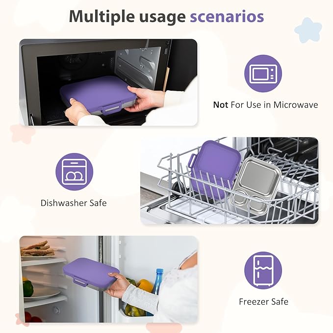 Howeemo Stainless Steel Bento Box Kids, Leak Proof Metal Bento Lunch Box,3 Compartments 304 Stainless Steel Bento Lunch Containers for School and Office,BPA-Free(Purple)