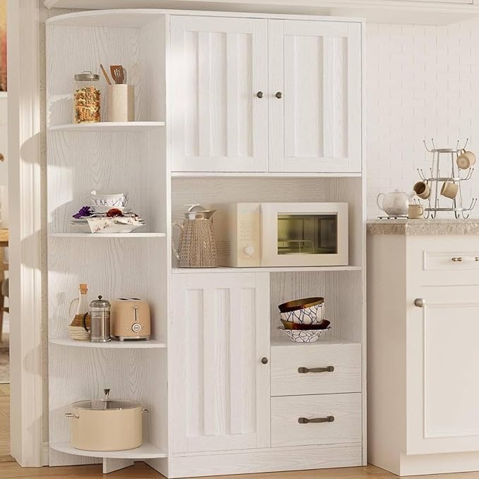 Gizoon 60.4" Pantry Cabinet with Coffee Bar, Tall Kitchen Pantry Storage Cabinet with Microwave Stand and 2 Drawers, Farmhouse Hutch with 4 Open Tiers for Dining Room and Kitchen Organization, White