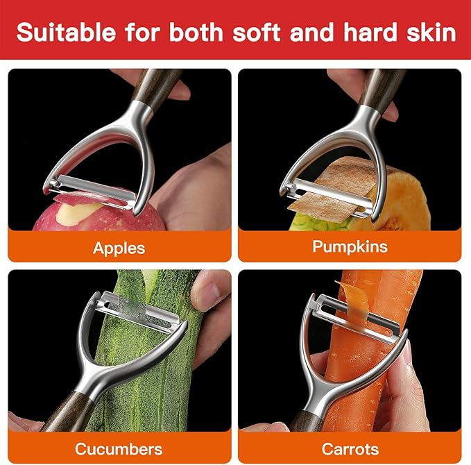 JUSEEPO Premium Vegetable Peeler, Y Type Swivel 304 Stainless Steel Blade Comfortable Solid Wood Handle, Practical gift for the home kitchen mom grandma for Veggie, Fruit, Potato(Exotic Ebony)