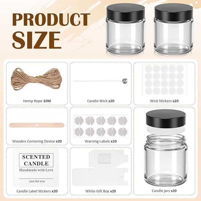 MTLEE 20 Pack 4oz Glass Candle Jars with Lids Round Empty Candle Container with Candles Making Kits Labels Gift Box Empty Canning Jars for Food Storage Spice Liquid