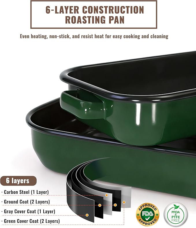 Roasting Pan with Rack & Handles 6-Piece Large 14&17 Inch Roaster Dishes, 572°F High Temperature Resistance Oven Dishwasher Safe Non-Stick Deep Lasagna Baking Pan Mother Day Gift Enamel Bakeware