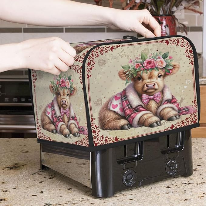 Valentine Day Highland Cow Toaster Cover 2 Slice Dust and Fingerprint Protection Toaster Bread Maker Covers Washable Kitchen Small Appliance Covers for Kitchen Accessories Decor Bakeware Women Gift
