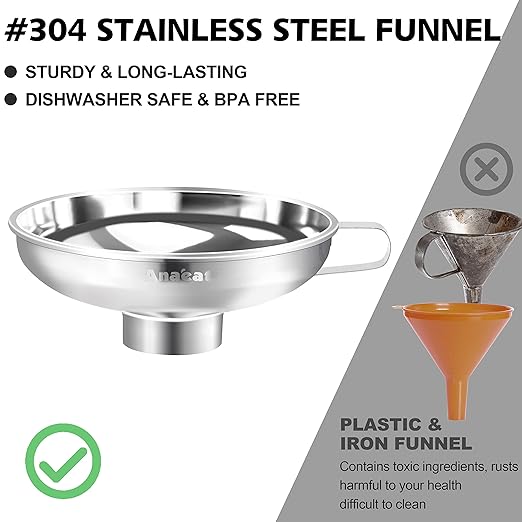 Anaeat Stainless Steel Canning Funnel with Handle for Wide and Regular Jars & Canning Jars, Wide-Mouth Funnels Excellent for Transferring Liquid and Dry Ingredients, Large Solids, Beans & Jams (5.5")