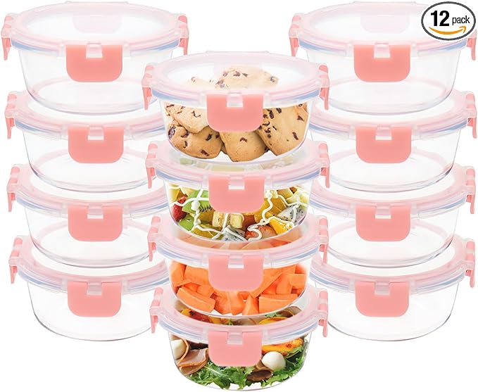 GULFLIN 12 Pack 13oz Small Glass Food Storage Containers with Lids Airtight, Leak-Proof Round Meal Prep Containers Set, Freezer to Microwave Safe, Dishwasher Safe