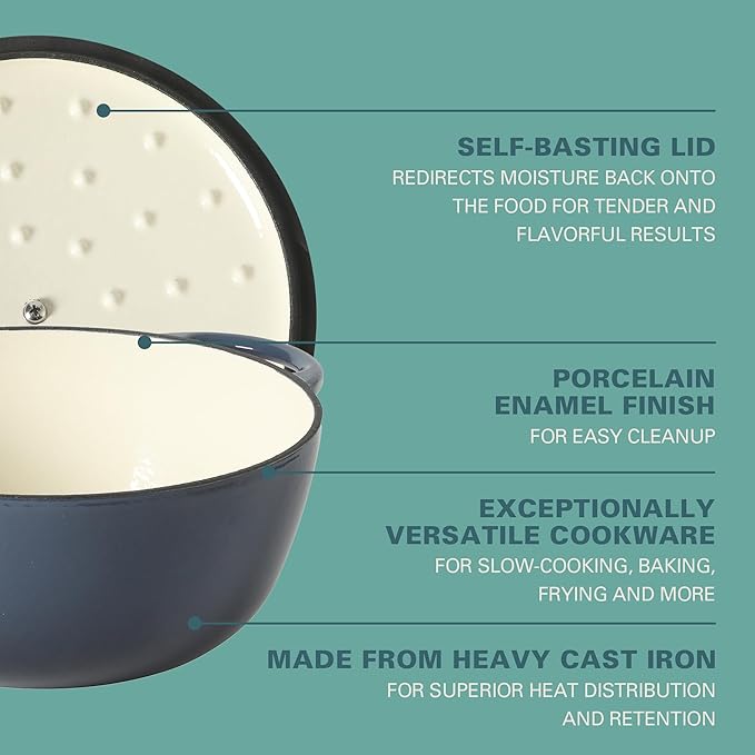 Gibson Home Addlestone 2.65 Qt Enameled Cast Iron Dutch Oven Pot with Lid – Round, Oven Safe to 500°F, Ideal for Bread Baking & Stews - Gradient Navy Blue