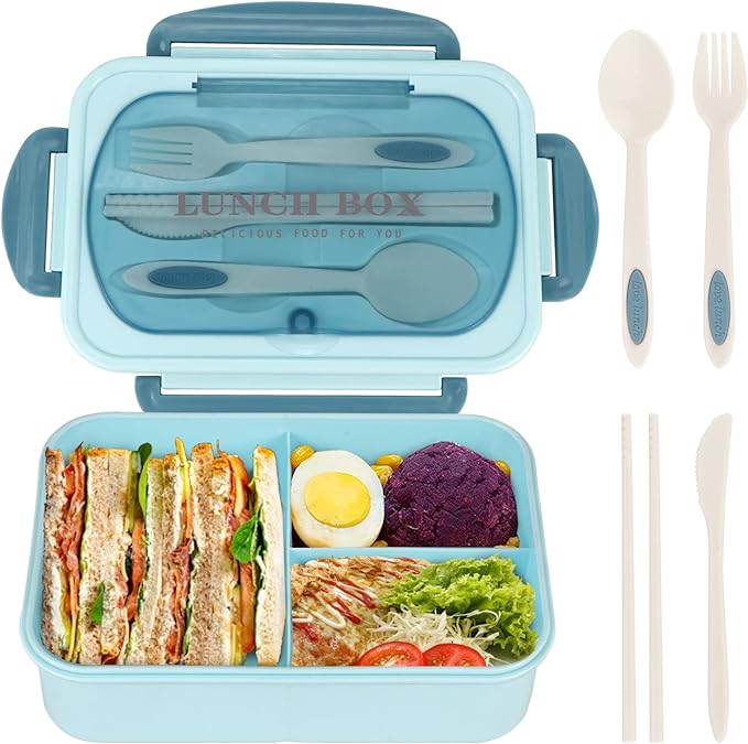 NatraProw Bento Box for Adult, 1200 ML Lunch Containers, LeakProof Lunch Box with Utensils, BPA Free, 3 Compartment Bento Box Microwave Safe, Blue