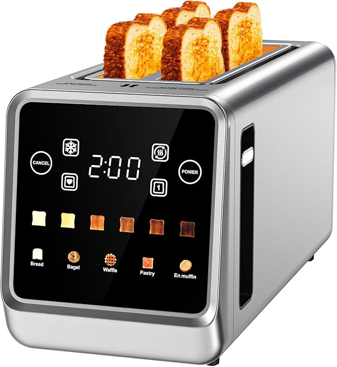 Toaster 4 Slice Long Slot with Digital Touchscreen & 1-Touch Memory for Family | Stainless Steel for Bagels & Artisan Bread | Defrost Reheat & Single-Slice Modes