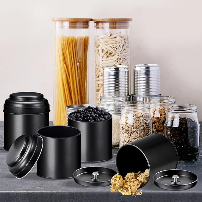 Meanplan 12 Pcs Tea Tin Canister with Airtight Double Lids Round Tin Can Box Small Kitchen Tea Canister Loose Leaf Storage Containers for Loose Bags Coffee Sugar Candy Spices(Black,8 oz)
