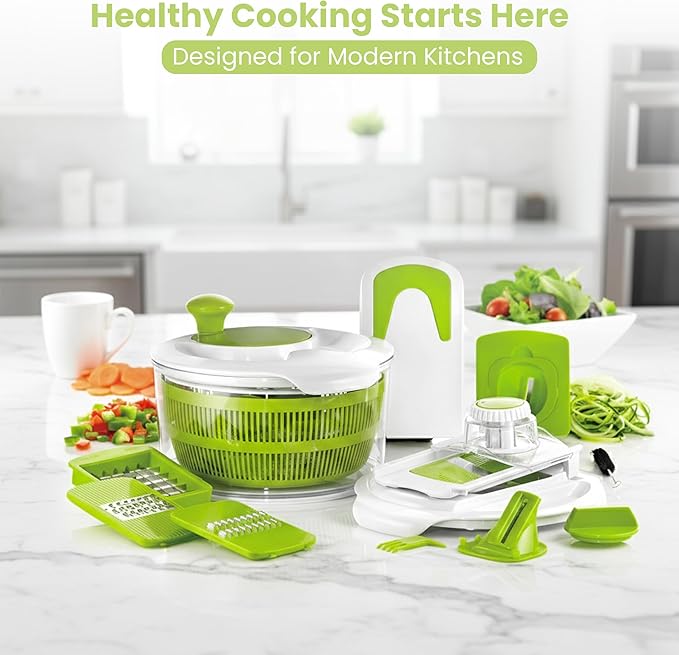 7-in-1 Large Salad Spinner & Vegetable Chopper with Container - Multi-function Lettuce Spinner Fruit Washing Bowl with Strainer, Grater, Slicer, Julienne, Spiralizer, Ribbon Cutter & Dicer