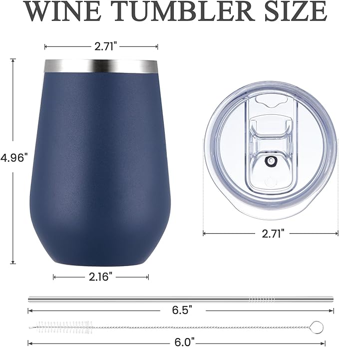MEWAY 12oz Stainless Steel Wine Tumbler with Lid - Double Wall Vacuum Insulated Swig cups for Hot and Cold Drinks, Ideal for Coffee, Wine, Beer, gifts for Women under 10 dollars(Navy,Set of 12)