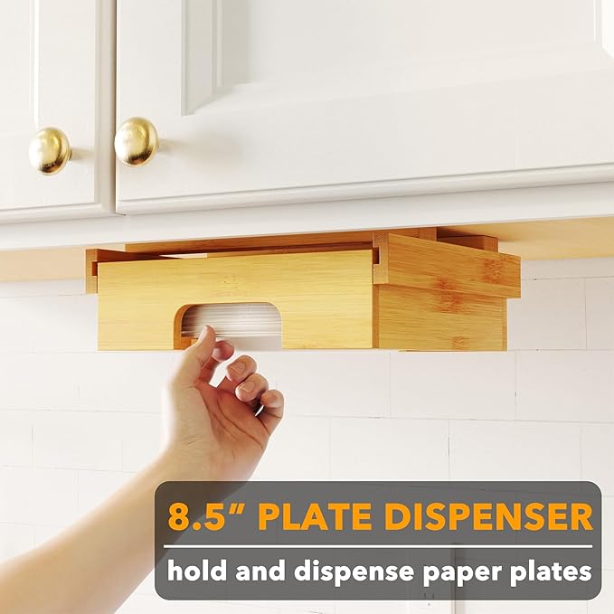 SpaceAid 8.5-inch Paper Plate Dispenser, Under Cabinet Bamboo Plates Holder, Kitchen Counter Vertical Dipensers Holders Countertop Caddy, Bamboo