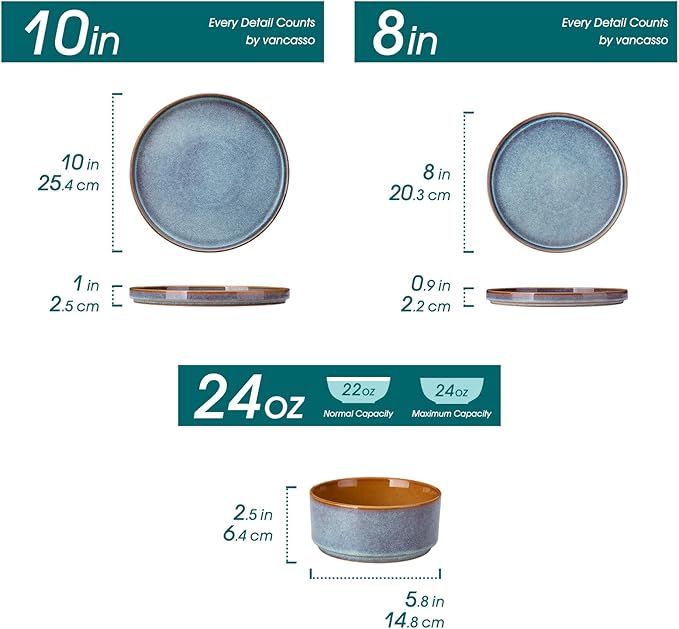 vancasso ONION Ceramic Dinnerware Sets, 12 Pieces Stoneware Plates and Bowls Sets for 4, Reactive Glaze Dishes Set for Kitchen, Dishwasher and Microwave Safe, Blue