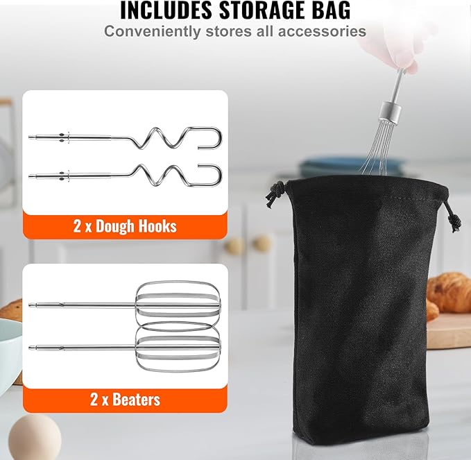 VEVOR Cordless Electric Hand Mixer,100W, Continuously Variable Electric Handheld Mixer, with Turbo Boost Beaters Dough Hooks Storage Bag, Baking Supplies for Whipping Mixing Egg Cookie Cake Cream