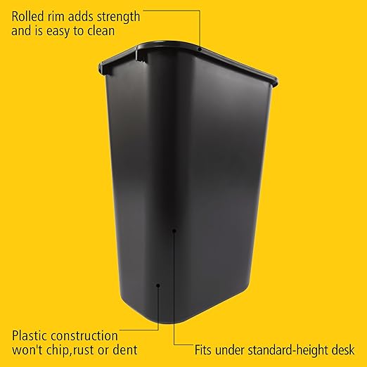 Rubbermaid Commercial Wastebasket Trash Container, 41QT/10.25 GAL, Plastic, Black, Stackable Trash Can for Bedroom/Bathroom/Office, Fits Under Desk/Sink/Cabinet