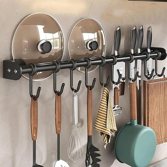 Modern Kitchen Utensil Rack, Black Wall-Mounted Hanging Rod with 6 Movable Hooks, 15.75 Inch Metal Storage Organizer