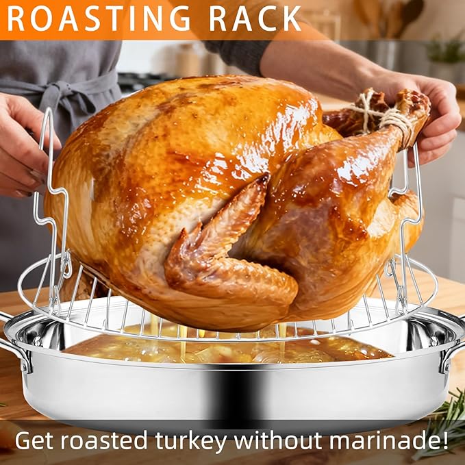 QPMR 22" Stainless Steel Roasting Pan with Lid and Rack,25LB Capacity,Large Roaster Pan for Oven,Nonstick Roasting Pan for Turkey,Chicken,Gifts for Mom,Wife