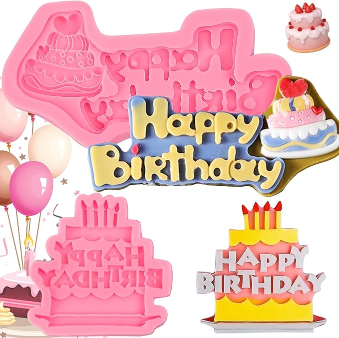 2 Pcs Birthday Cake Decoration Fondant Molds Cake Shape "Happy Birthday" Silicone Mold,for Cupcake Topper Chocolate Candy Marzipan Gum Flower Paste DIY Resin Plaster Clay Crafts