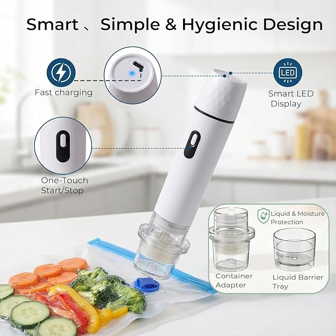 Vacuum Sealer + 15 Reusable Vacuum Bags Powerful Portable Vacuum Sealer for Food，White
