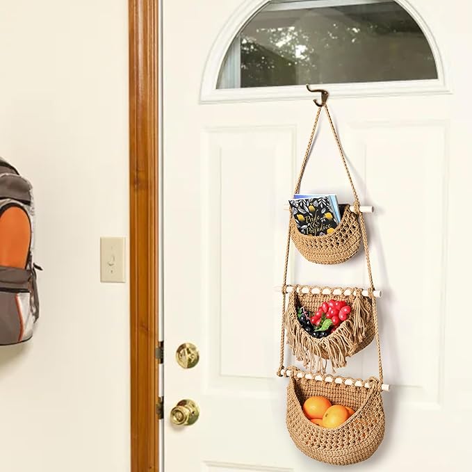 Lawei 3 Tier Hanging Fruit Basket, Wall Hanging Vegetable Fruit Baskets Cotton Woven Storage Baskets for Organizing, BOHO Wall Basket Decor, Over the Door Organizer for Kitchen, Bedroom, Bathroom