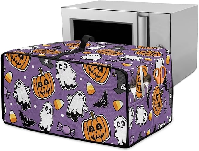 Air Fryer Toaster Oven Cover with Side Pockets, Protective Electrical Appliance Cover Kitchen Countertop Accessories, L, Ghost Pumpkin Bat Candy Violet Halloween Decor