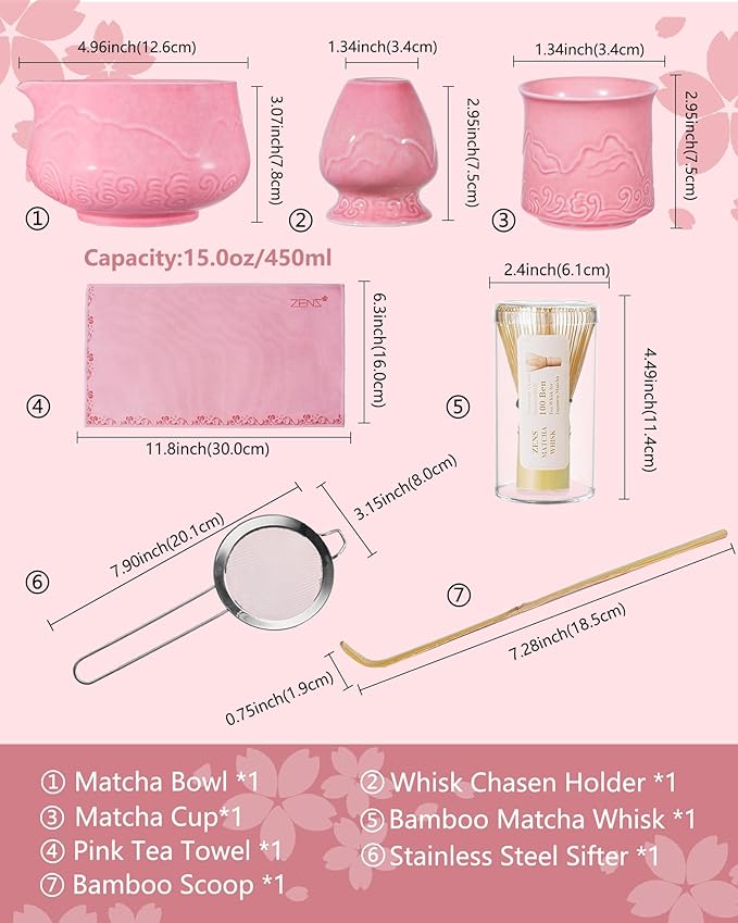 ZENS Pink Matcha Set, 7pcs Matcha Whisk Set Includes 15oz Ceramic Bowl and Cup for Bamboo Whisk, (Chasen Holder), Scoop, 304 Sifter and Tea Mat, Pink Matcha Kit for Matcha Lovers