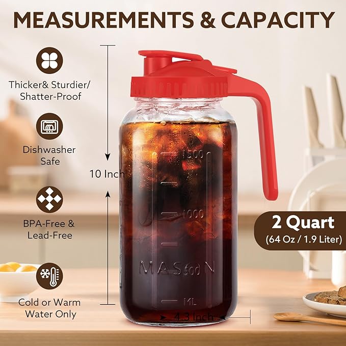 Mihlapi Glass Pitcher with Lid, 64 OZ Mason Jar Pitcher Double Leak Proof, 2 Quart Breast Milk Storage Containers for Fridge, Wide Mouth Glass Jar for Sun Tea, Juice, Cold Brew Coffee
