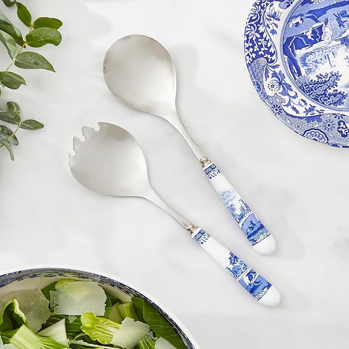Spode Blue Italian Collection Salad Servers | 2 Piece Spoon and Fork Set | 10 Inch | Blue and White | Made of Porcelain and Stainless Steel | Italian Countryside Design