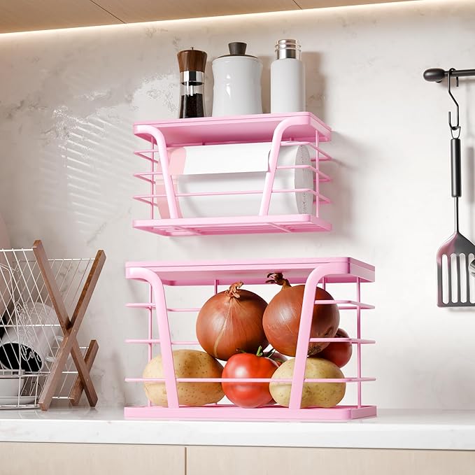 2 Pack Pink Trash Bag Holder - Stackable Garbage Bag Dispenser with Bamboo Top, Kitchen Accessories & Decor, Wall Mount Storage for Kitchen, Home, Bathroom Decor & Gifts
