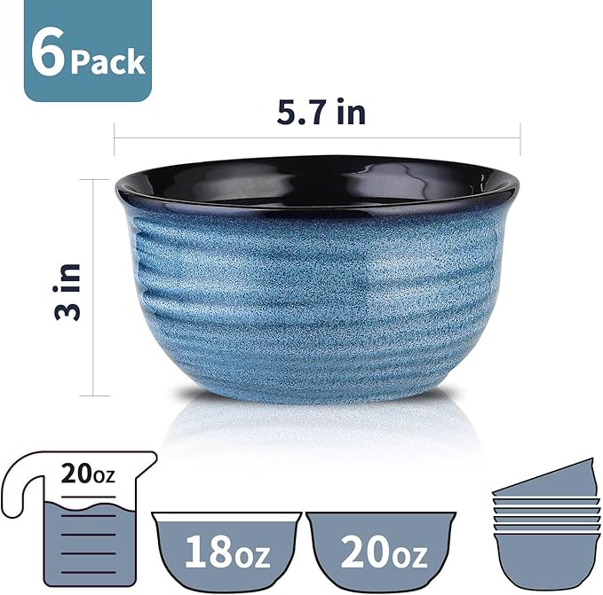 Hasense Cereal Bowl Set of 6, 20 Ounces Ceramic Soup Bowls Set for Kitchen, Suit for Cereal Soup Rice Pasta Salad Oatmeal, Microwave and Dishwasher Safe(Blue)