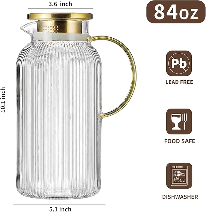 Buaic Glass Pitcher with Lid, 84oz/2.5 Liter Classic Vertical Stripes Water Pitcher,Glass Water Carafe for Cold Brew, Coffee, Lemonade, Iced Sun Tea,Beverage, Milk, Heat Resistant