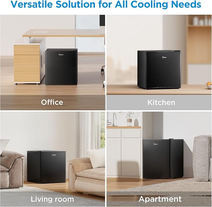 Midea MERM17B0ABB 1.7 Cu Ft Mini Fridge, Compact Refrigerator with Adjustable Thermostat, Reversible Door, Low Noise, Energy Efficient, Ideal for Dorm, Office, Bedroom, Black