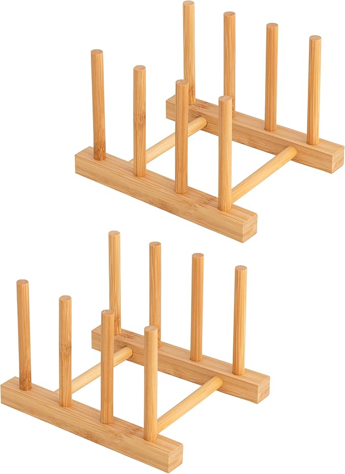 HBlife 2pcs Bamboo Dish Plate Bowl Cup Book Pot Lid Cutting Board Drying Rack Stand Drainer Storage Holder Organizer Kitchen Cabinet（Keep Dry）