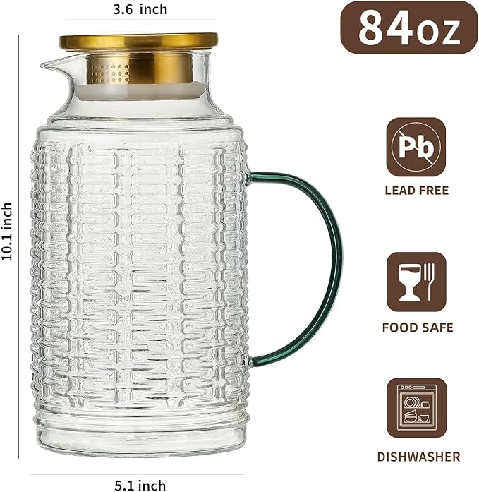 Buaic Glass Pitcher with Lid,84 oz/2.5 Liter Vintage Water Pitcher, Clear Borosilicate Glass Water Carafe for Cold Brew, Coffee, Lemonade, Iced Sun Tea, Juice, Beverage, Milk, Heat Resistant
