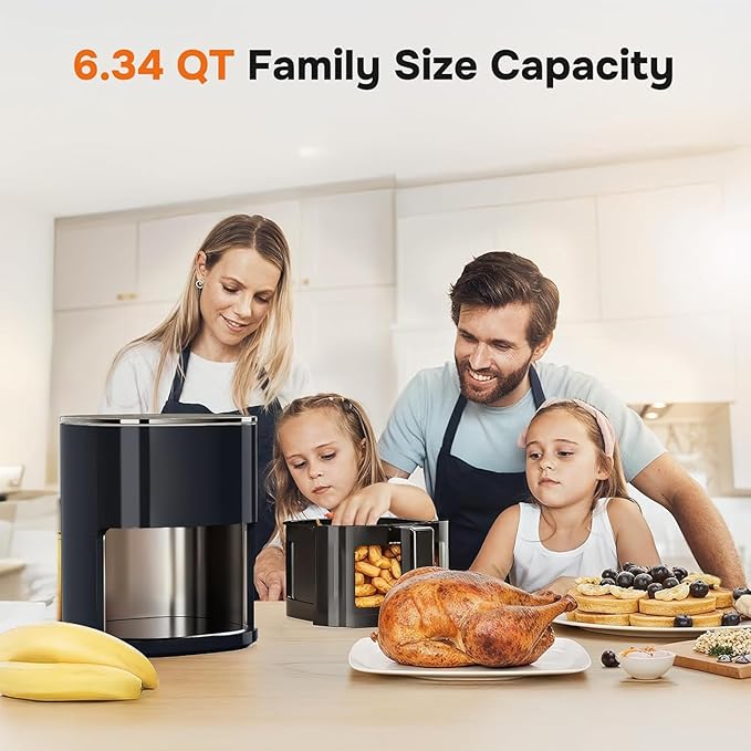 Simple Deluxe 12-in-1 Air Fryer 6.34 Qt, Digital Preset Airfryer with Visible Window, Nonstick and Dishwasher-Safe Basket, Air Fry, Roast, Bake, Dehydrate, Fries, 1700W, Black