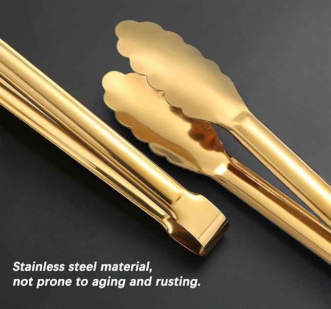 Gold Serving Tongs & Utensils, 4 Pack 9 Inch Non-slip Grip Stainless Steel Gold Tongs for Serving Food, Buffet, Party, Salad & Ice