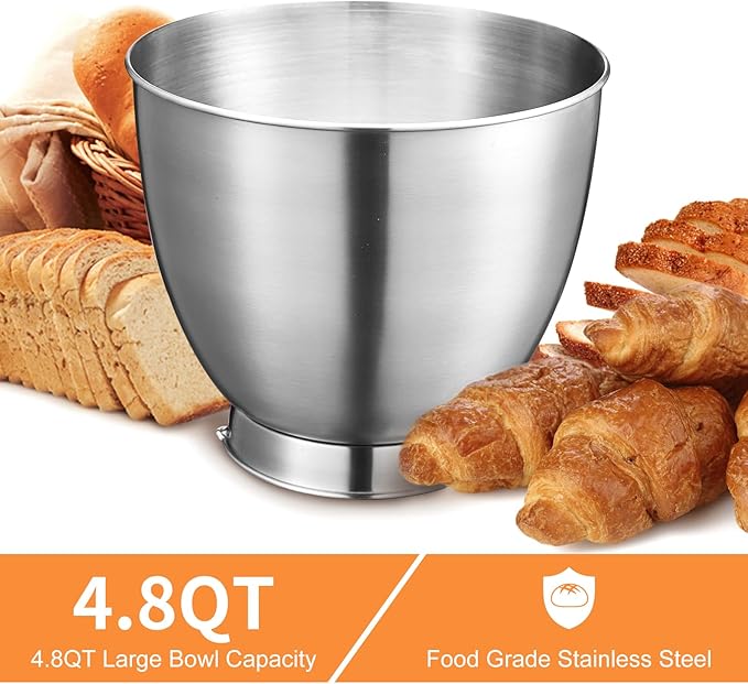Geek Chef Electric Stand Mixer, 4.8QT 12 Speeds Tilt-head Food Mixer with Dough Hook, Whisk, Beater, Bowl, Rotary Knob for Home Kitchen Use, Silver White