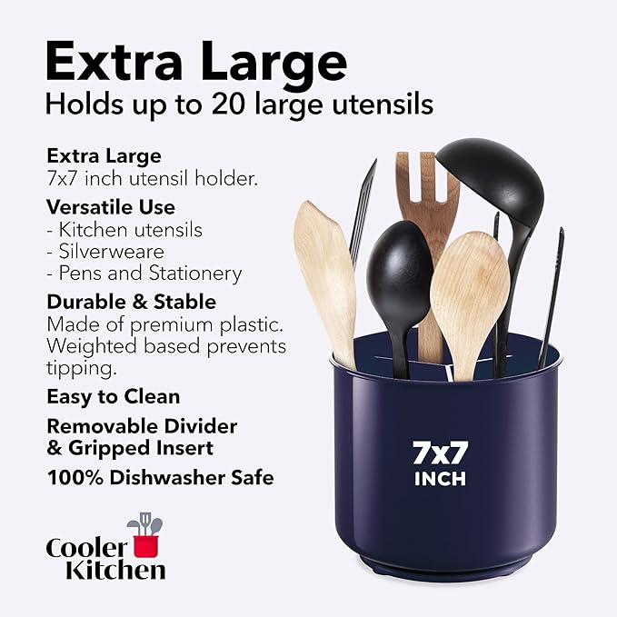 Cooler Kitchen Jumbo Plastic Rotating Extra Large Utensil Holder Crock with No-Tip Weighted Base, Removable Divider, and Gripped Insert - Kitchen Utensil Holder for Kitchen Counter: Blue Utensil Caddy