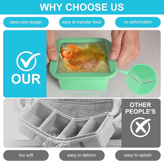 Silicone Freezer Tray with Lid 2 Pack Silicone Freezer Molds Ice Cube Tray Makes 2 Perfect 2 Cup Portions Soup Cubes Meal Prep Containers- Oven & Dishwasher Safe