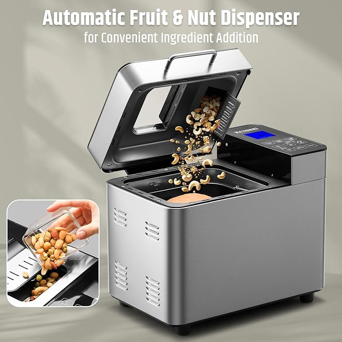 Razorri Bread Maker Machine, 2LB 18-in-1 Programmable Stainless Steel Homemade Bread Machine with Gluten-Free, Auto Nut Dispenser, 15H Delayed-start, 1H Keep Warm, 3 Crust Colors and 3 Loaf Sizes
