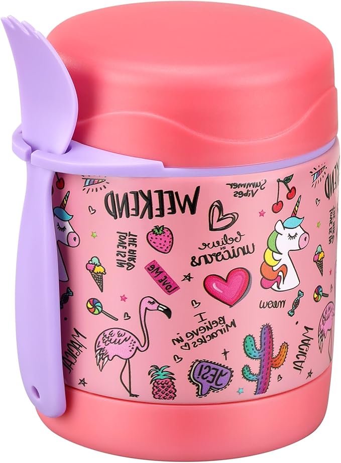 Insulated Soup Jar for Kids - 10oz, Leak Proof, Stainless Steel, Wide Mouth, Pink-Flamingo