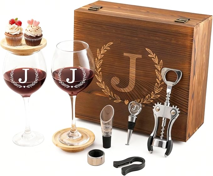 GZLDGIFTS Personalized Initial Wine Glasses Box Gift Set For Women Mom Engraved Birthday Monogrammed Wooden Christmas Gifts Wedding Anniversary Wine Couples Stopper Opener Initial Letterr (J Set)