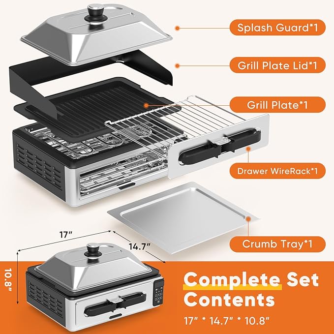 OLIXIS Electric Grill Indoor for Steak and Veggies, Smokeles Griddle with Lid for Kitchen Cooking, Countertop Oven Includes Temp Control/Grill Plate/Splash Guard/Crumb Tray, Silver